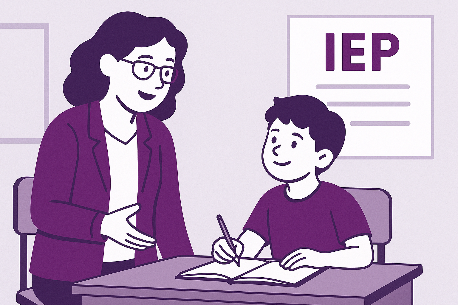 Illustration of a teacher supporting a student with ADHD during an IEP session, set in a classroom environment with a visible “IEP” poster on the wall, emphasizing individualized learning and support.